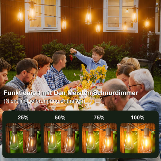Kawaya outdoor string lights, 30m string lights LED with 50+2 ST38 bulbs, waterproof IP65 garden decoration string lights for patio, trees, wedding, party, festival, 2700K warm white.