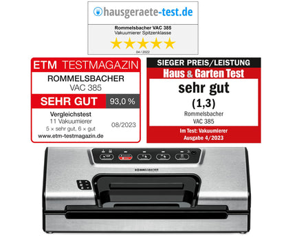 ROMMELSBACHER vacuum sealer VAC 385, 12 liters/minute, one-hand operation, roll storage, strong sealing seam, hose connection for containers, automatic & manual vacuuming and sealing, stainless steel