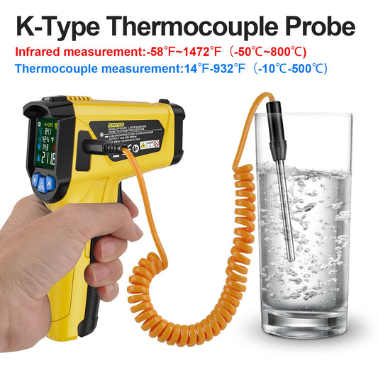 Infrared Thermometer Laser MESTEK Temperature Gauge with K Probe IR Pyrometer -50°C to 800°C Non-contact Color LCD Alarm Adjustable Emissivity for Kitchen.