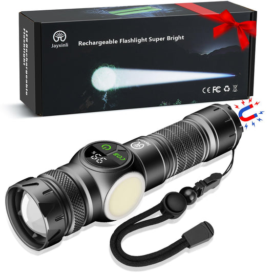 Jayxinli flashlight LED rechargeable 1000000 lumens with magnet, extremely bright flashlights with 5000mAh battery, LCD power display, 9 lighting modes, zoom, strong for camping, hiking, outdoor, emergencies.