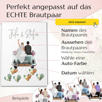 Paper Forge® Customized money gift wedding | COUPLE IS CUSTOMIZABLE | DIY wedding gifts for the bride and groom | A2 poster with frame wedding car money gift picture "Old Car"