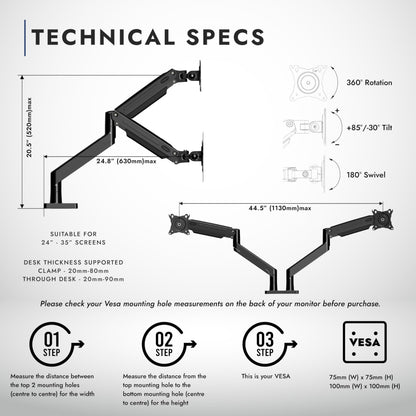 Invision dual monitor mount for 24-35 inch screens VESA 75mm & 100mm Adjustable height Tilt Swivel & Rotate Ergonomic Gas spring desktop clamp mount Supports 2kg-15kg (MX900)