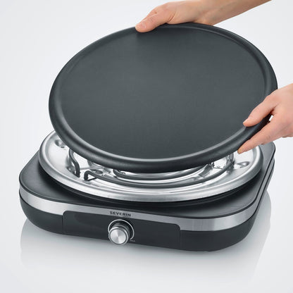 SEVERIN Crêpe Maker, crepe iron for sweet crepes and savory galettes, with removable XXL grill plate (38 cm), approx. 1,500 W, stainless steel brushed/black, CM 2199