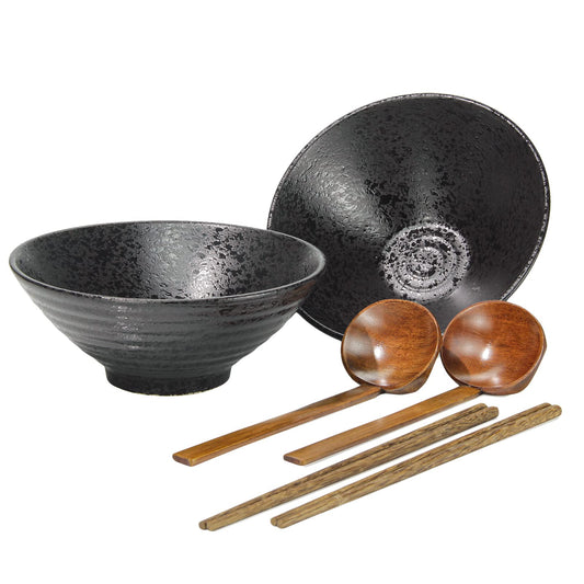 2 pieces (6-piece) porcelain ramen bowl set, 1600ml Japanese soup bowl with spoon and chopsticks, microwave and dishwasher safe, for udon Asian noodles, black 24cm (large)