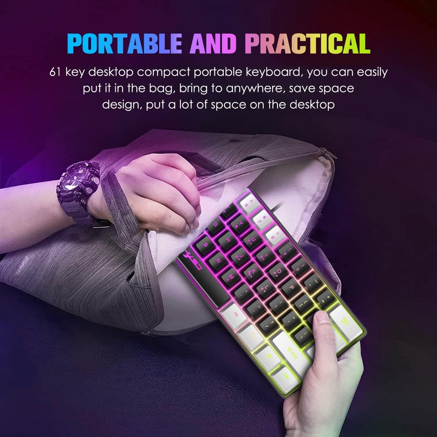 HXSJ V700 Gaming Keyboard and Mouse Set, 60% Compact Keyboard, 61 keys, TKL Layout, RGB Lighting, Optical Gaming Sensor Mouse with 7 buttons, 7-color LED light, Up to 3600 DPI, for PC, Mac-Black