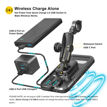 iMESTOU waterproof motorcycle phone holder IP67 with wireless Qi/USB C 3.0 charger Anti-theft handlebar mount phone holders Double socket arm aluminum base for 3.5-6.1 inch smartphones