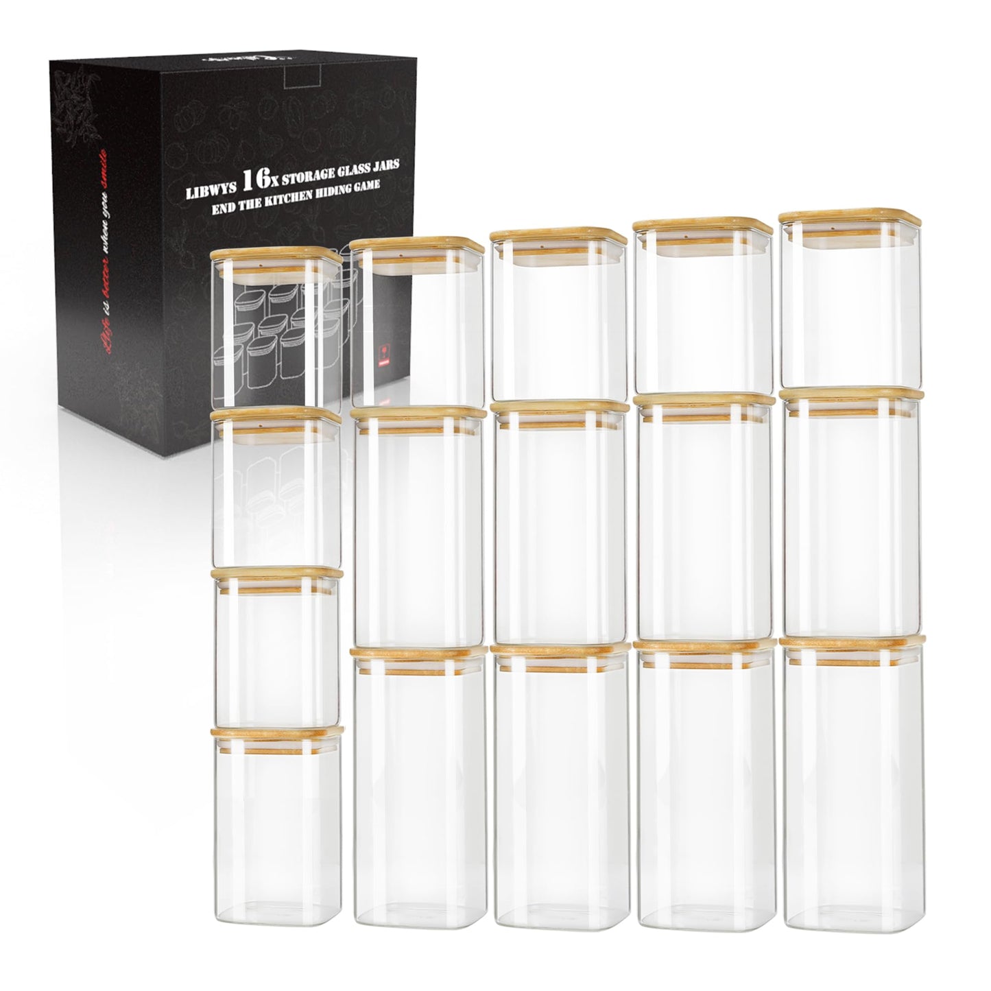 LIBWYS 16-piece set of storage jars with bamboo lids, square glass storage containers - in 2 sizes: 1000ml; 600ml