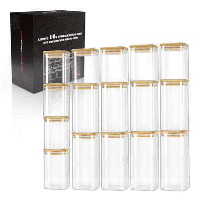 LIBWYS 16-piece set of storage jars with bamboo lids, square glass storage containers - in 2 sizes: 1000ml; 600ml