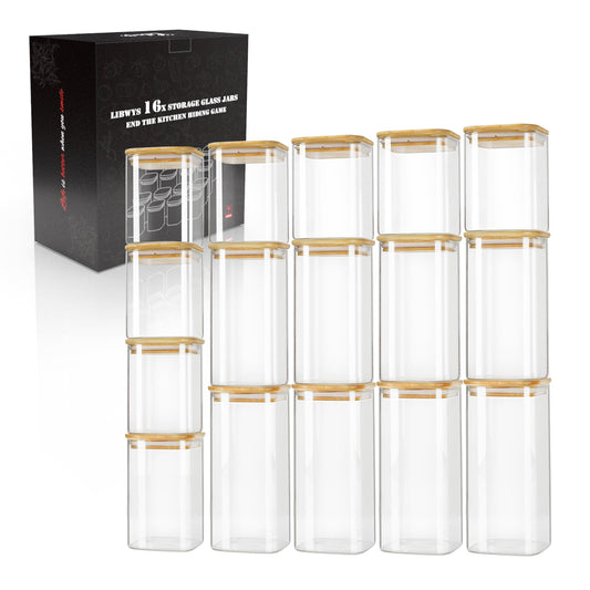LIBWYS 16-piece set of storage jars with bamboo lids, square glass storage containers - in 2 sizes: 1000ml; 600ml