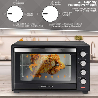 Jago® Mini Oven - with convection, rotisserie, interior light, Electric, 48L, 6 cooking modes, 2000W, Timer, 100-230 °, double glazing, Black - Mini Oven, Mini Electric Oven, Oven, Grill-Oven