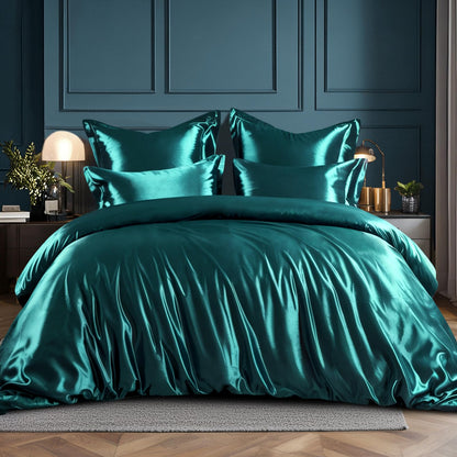 RUIKASI Satin Bedding 200x200 Green - Luxury duvet cover with a silk-like sheen. Dark green bedding set for hair and skin, shiny 200x200cm duvet cover with zipper and 80x80cm pillowcase.
