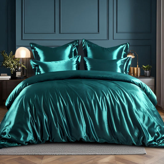 RUIKASI Satin Bedding 200x200 Green - Luxury duvet cover with a silk-like sheen. Dark green bedding set for hair and skin, shiny 200x200cm duvet cover with zipper and 80x80cm pillowcase.
