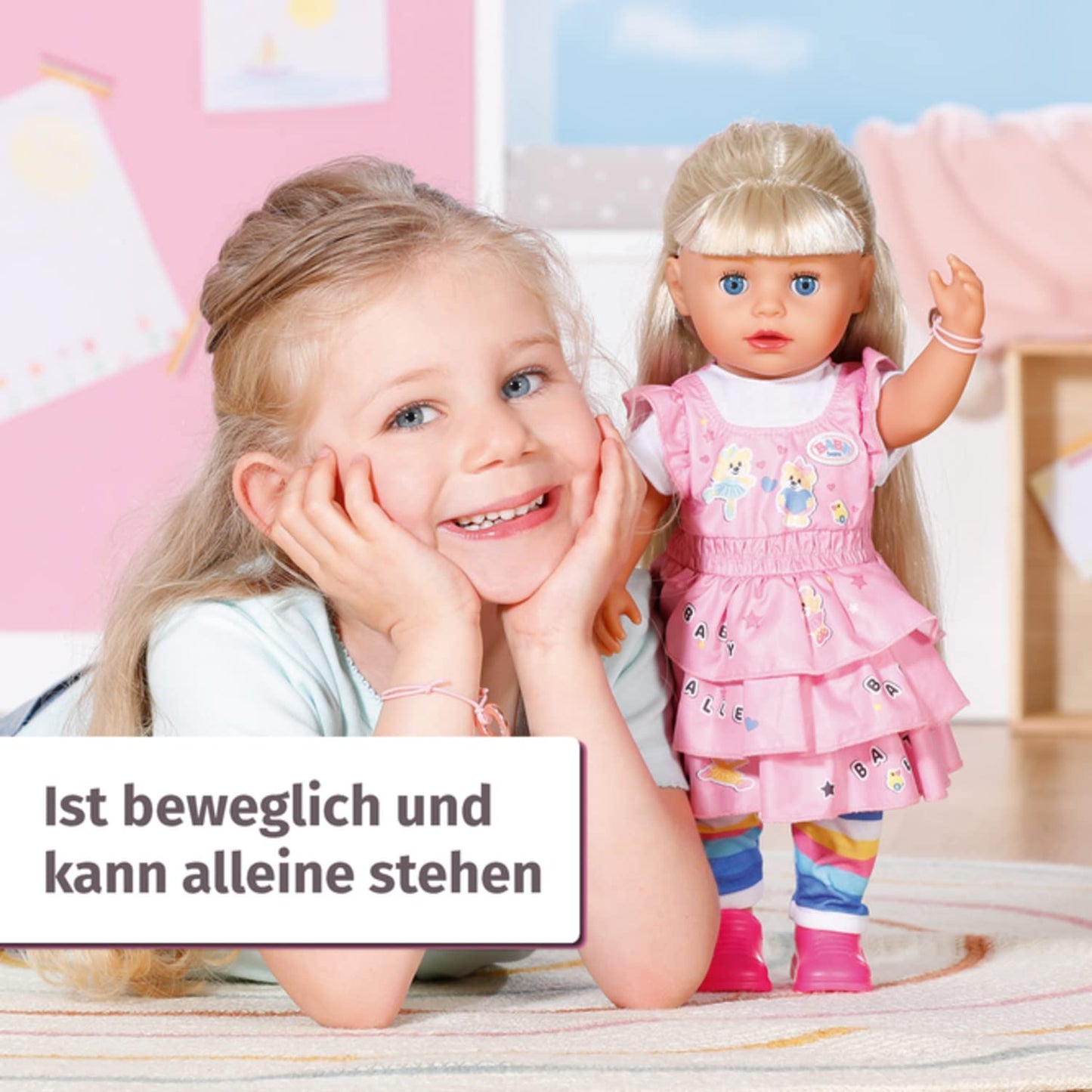 BABY born Kindergarten Little Sister doll with hair and functions, no batteries required. Includes accessories. Suitable for children aged 3 and up. 36 cm tall. Zapf Creation product number 828533.