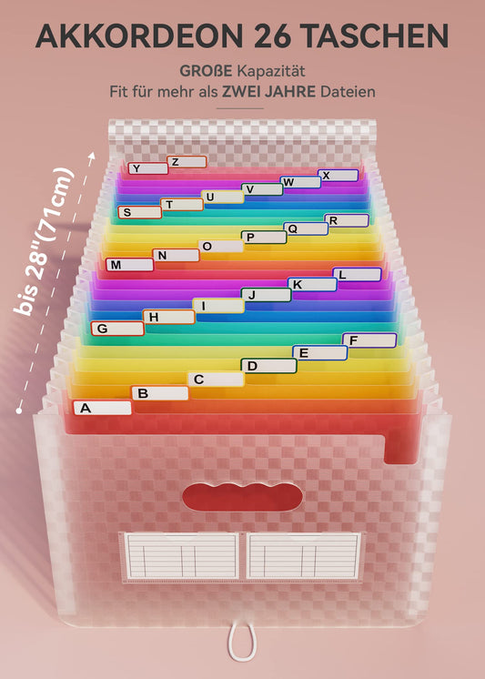 ABC life document folder A4 with grid pattern, 26 compartment file organizer, rainbow accordion expandable filing folder, large capacity document bag, A4 portable file sorter for school (pink)