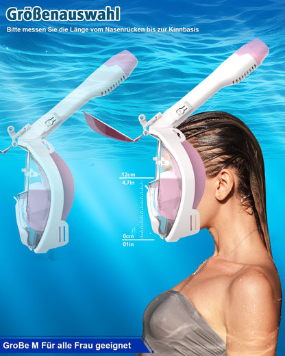 Adult snorkel mask, diving equipment for men with fish gill design. Compatible with sports cameras, foldable sunglasses, 180-degree view. Includes glasses holder. (M-Pink)