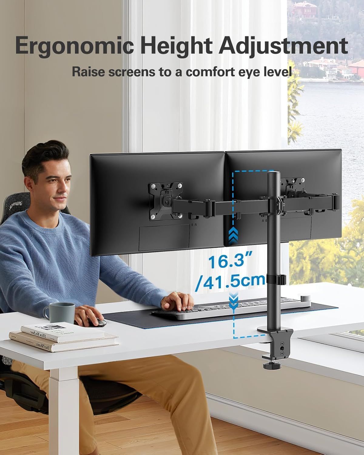HUANUO dual monitor stand for 13 to 32 inch screens, height adjustable, tilt, swivel, rotate, extended arm for two monitors, VESA 75/100.