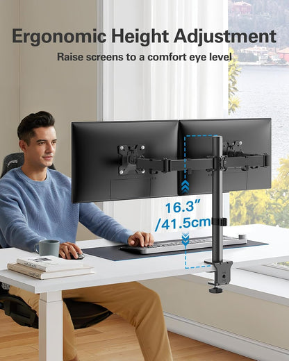 HUANUO dual monitor stand for 13 to 32 inch screens, height adjustable, tilt, swivel, rotate, extended arm for two monitors, VESA 75/100.
