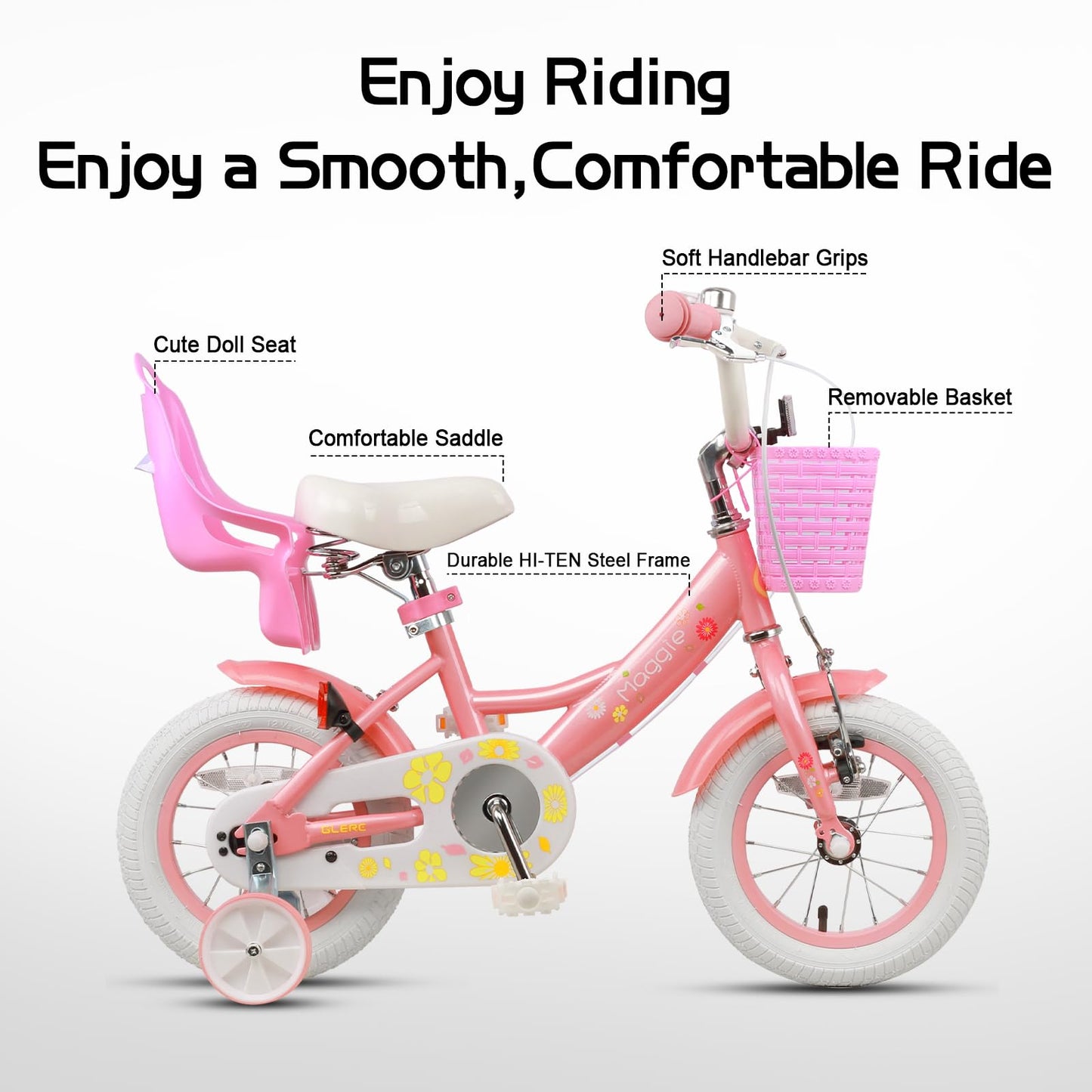 Glerc Maggie 12 inch kids bike for 1 2 3 4 year old girls. Princess style with doll seat, basket, training wheels & bell. Perfect birthday gift, pink to white.