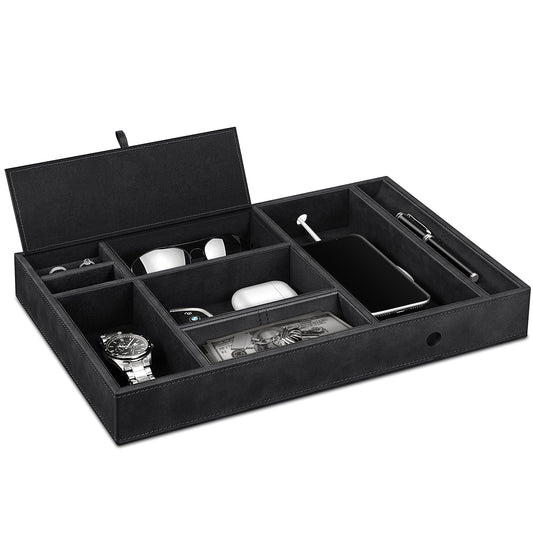 SITHON pocket emptier table organizer, 8 compartments tray organizer storage box faux leather nightstand cosmetic tray nightstand coin box key jewelry organizer, (Black)