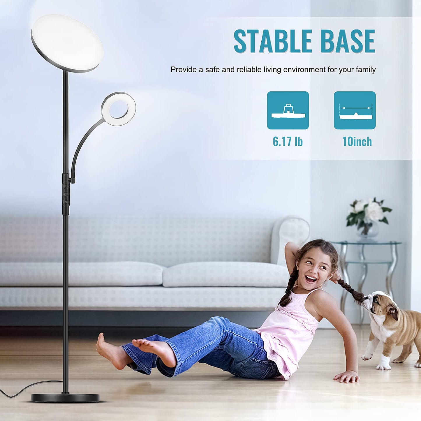 LED floor lamp for living room, dimmable, 42W 3600LM torchiere lamp with reading light, remote control & touch control, 1-minute installation, modern floor lamp for living room, office, dining room, bedroom (black)