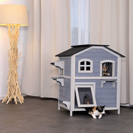 Lionto cat villa made of fir wood with bitumen roof for indoor and outdoor use, two-story cat house with steps, 80x55x90 cm, slatted curtain and windows, suitable for large cats, gray/white.