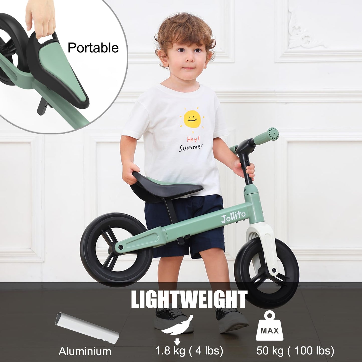 JOLLITO Baby Balance Bike, Kids Bicycle Toy for 18-48 months old girls and boys gifts, pedal-free training bike, 9 inch wheel and aluminum frame.