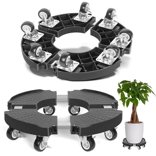 Round plant trolley with 8 wheels, adjustable flower trolley 38-51cm, 150kg carrying capacity. Plant dolly for large planters indoors and outdoors.