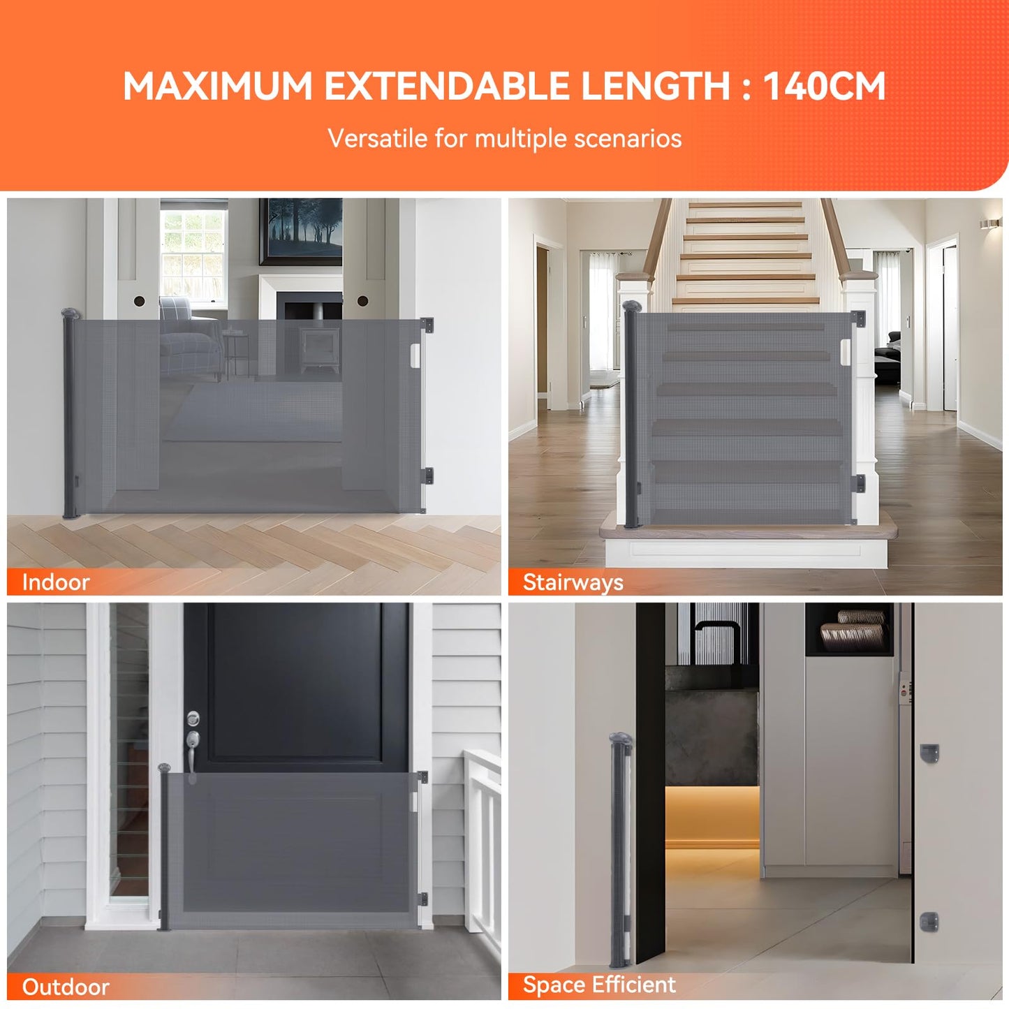 Muaket stair gate/door gate, extendable 0-140CM, for babies and pets. One-handed opening, child safety gate for stairs, doors, in grey.