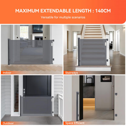 Muaket stair gate/door gate, extendable 0-140CM, for babies and pets. One-handed opening, child safety gate for stairs, doors, in grey.