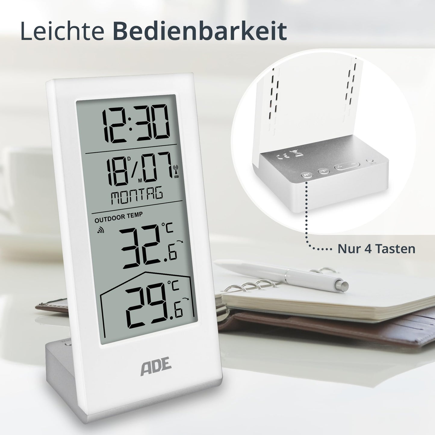 ADE digital radio controlled clock with temperature display and outdoor sensor | Thermometer for indoor and outdoor temperature | Trend indication | table clock with date and day of the week | including batteries | white