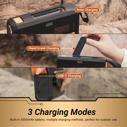 August MB290B Crank Radio DAB/FM/Bluetooth - Solar Radio 4500mAh Rechargeable Power Bank, 3 Modes LED Flashlight Sleep Timer SOS Alarm 3.5mm Emergency Radio with Hand Crank for Camping Hiking Camping.