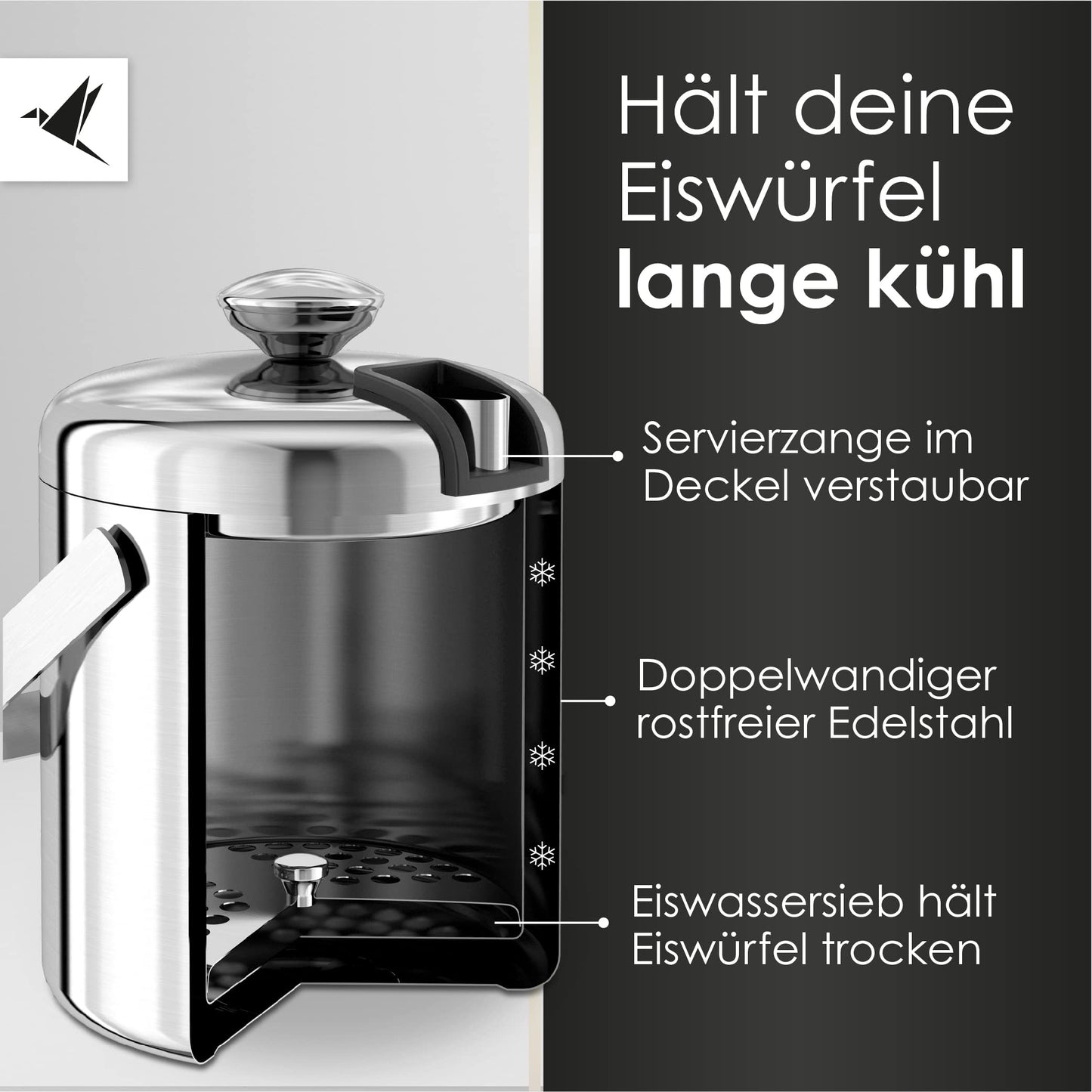 Beyond ice bucket with lid and tongs 100% BPA free made of stainless steel - double-walled ice cooler, 1.3 liters. Ice bucket for ice cubes storage.