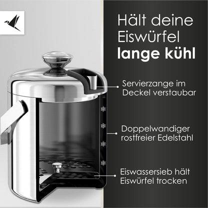 Beyond ice bucket with lid and tongs 100% BPA free made of stainless steel - double-walled ice cooler, 1.3 liters. Ice bucket for ice cubes storage.