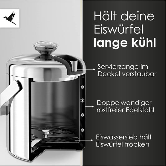 Beyond ice bucket with lid and tongs 100% BPA free made of stainless steel - double-walled ice cooler, 1.3 liters. Ice bucket for ice cubes storage.