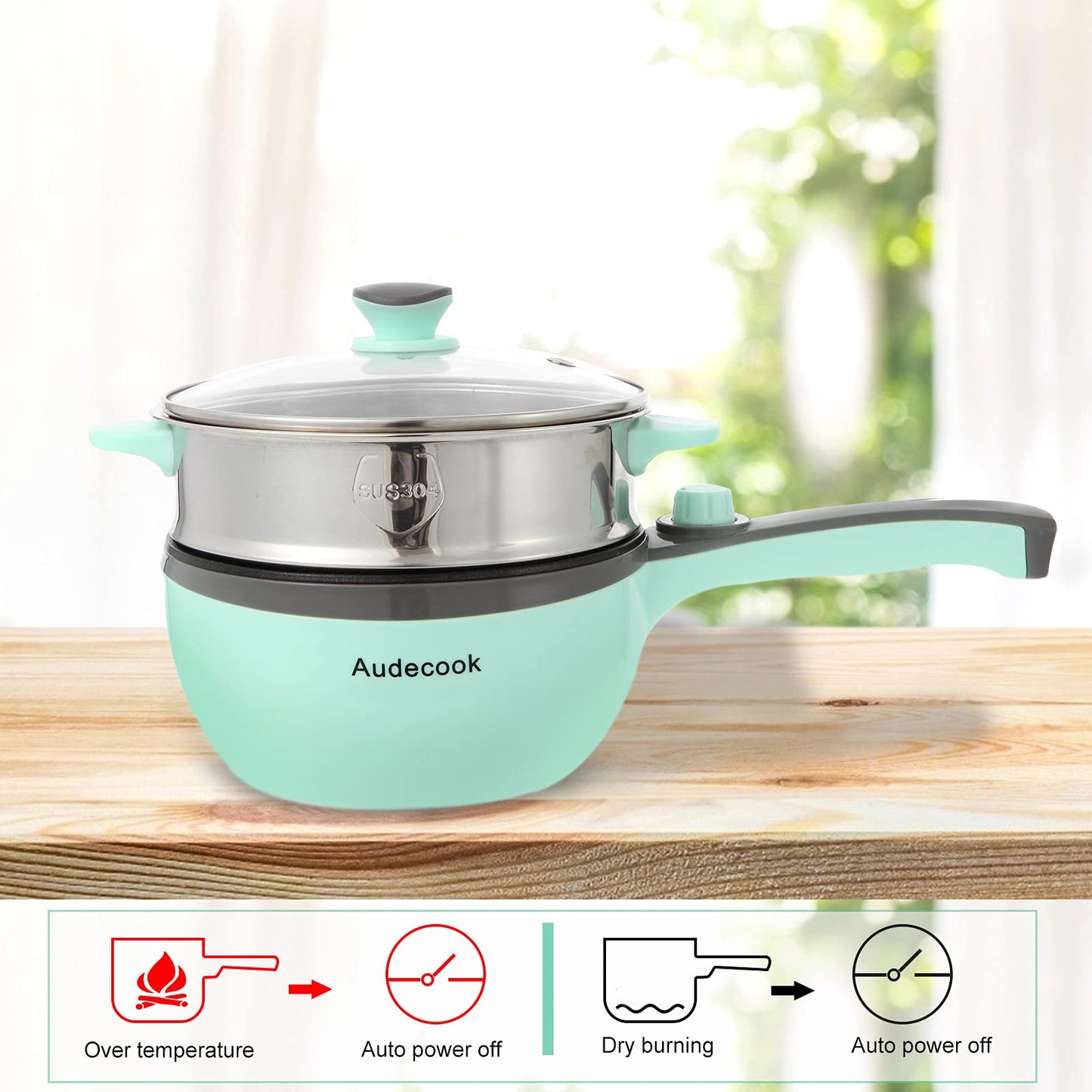 Audecook Electric Hot Pot with Steamer, 1.5L/20cm Electric Frying Pan Hotpot Pot Nonstick Mini Electric Skillet, Multi-cooker for Dorm Ramen, Steak (A (green/1.5L with Steamer))