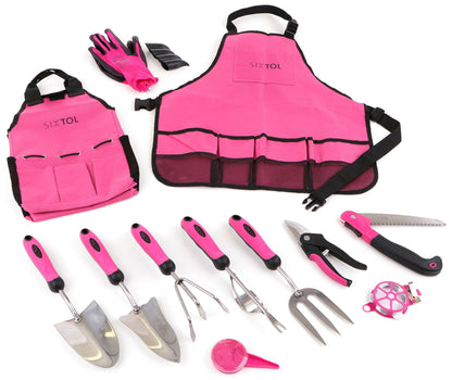 SIXTOL Garden PINK 12 garden tool set | 12 PCS garden accessories made of stainless steel | Garden apron as a gift for women | For gardeners | Garden tools with storage bag | Flower scissors, garden claw