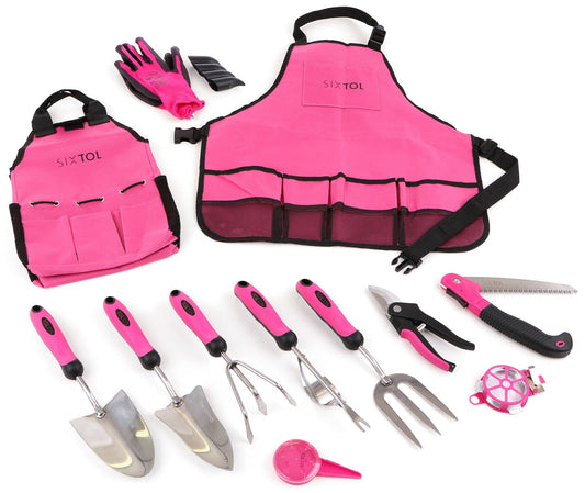 SIXTOL Garden PINK 12 garden tool set | 12 PCS garden accessories made of stainless steel | Garden apron as a gift for women | For gardeners | Garden tools with storage bag | Flower scissors, garden claw