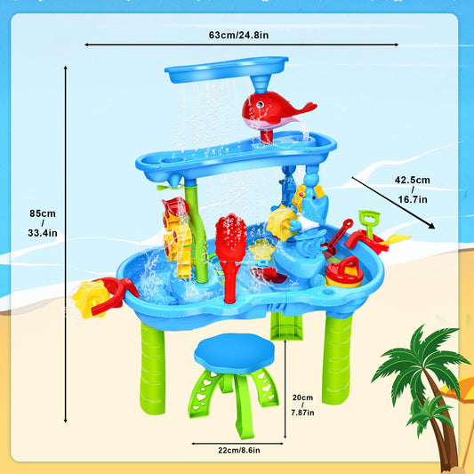 JONRRYIN Sand Water Table for Toddlers, 3-Tier Kids Sand Water Table Toy, Water Play Table Outdoor Beach Toy, Large Play Table Summer Water Toy for Boys Girls 3 4 5 6 7 Year