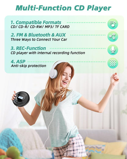 Arafuna Portable CD Player with DAB+/FM Radio, CD Player Bluetooth with Audiobook function, Discman for car, Anti-shock, built-in 2000mAH battery.