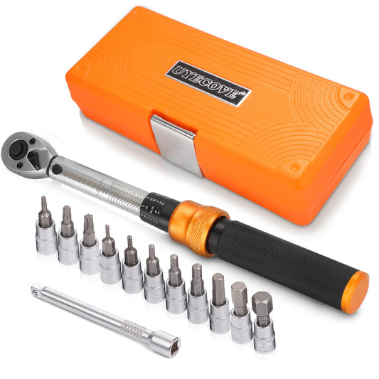 UYECOVE torque wrench 1/4 inch, bicycle torque wrench 1-25Nm 13-piece set. Torque wrench for bikes with 10cm extension bar, allen key, Torx bit socket.