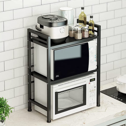 Pull-Out Microwave Shelf, Kitchen Shelf Holder, Microwave, Extendable, with 3 Levels, Made of Carbon Steel, with 3 Hooks (3 Levels, Black)