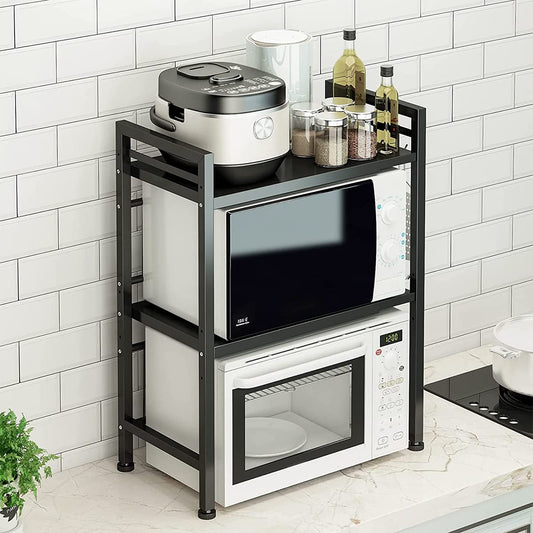 Pull-Out Microwave Shelf, Kitchen Shelf Holder, Microwave, Extendable, with 3 Levels, Made of Carbon Steel, with 3 Hooks (3 Levels, Black)