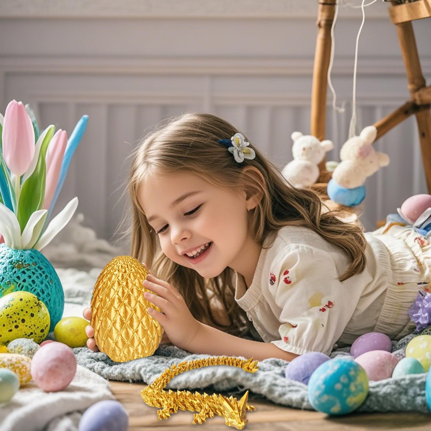 Surprise dragon egg with dragon inside gifts for children and adults 3D printed fidget toy perfect for Christmas Easter birthdays decor stress relief (Gold, Large)