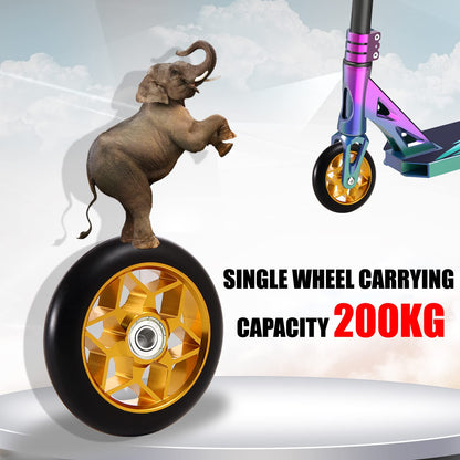 Stunt scooter wheels 110mm, stunt scooter tires 110mm, 110mm scooter wheels gold, stunt scooter wheels gold, 2 pieces freestyle scooter replacement wheels 110mm for chilli Cox Fuzion freestyle.
