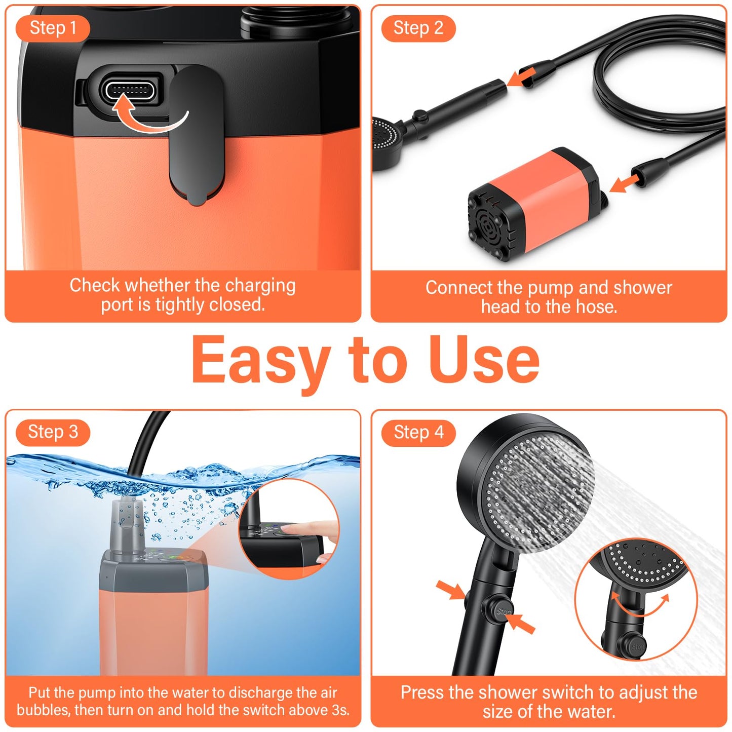 Rsaoty Camping Shower with Pump, 3000mAh Camping Shower Battery, Mobile Showers Outdoor Showers with 20L Foldable Bucket, Shower Head and 2M Hose, for Garden, Beach, Pet, Car Washing, Travel.