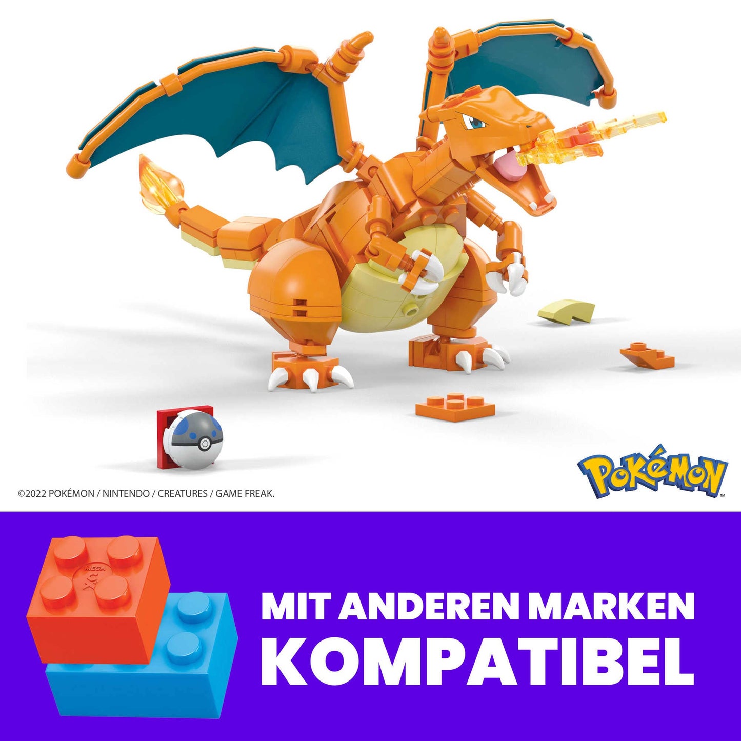 Mega Charizard Pokémon figure with 223 pieces to build, featuring movable wings and a Pokéball pen. Suitable for ages 6 and up. GWY77.