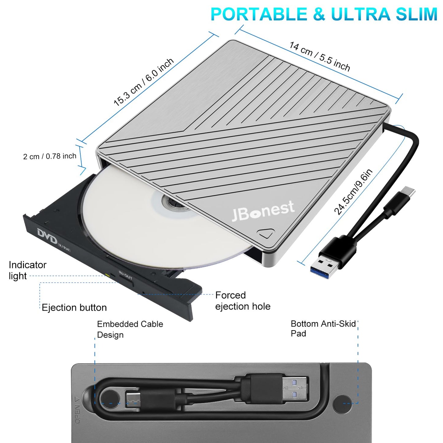 External CD DVD drive USB 3.0 Type-C, External with SD/TF card reader Portable RW burner, Fast data transfer for laptop, desktop, MacBook, Win11/10/8/7/XP, Linux, Mac OS, Vista