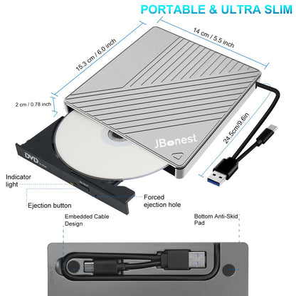 External CD DVD drive USB 3.0 Type-C, External with SD/TF card reader Portable RW burner, Fast data transfer for laptop, desktop, MacBook, Win11/10/8/7/XP, Linux, Mac OS, Vista