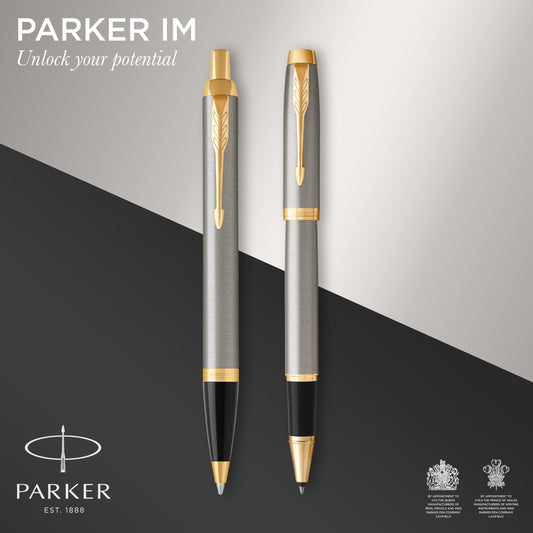 Parker IM Duo Gift Set with Ballpoint Pen & Rollerball | Brushed Metal with Gold Trim | Refills in black | Gift Box