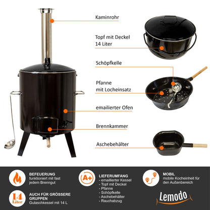 NATIVE Goulash cannon | Goulash kettle with 14 L | One-pot stove for cooking without electricity and gas | Rocket stove for crisis preparedness | Wood stove with extensive cooking accessories